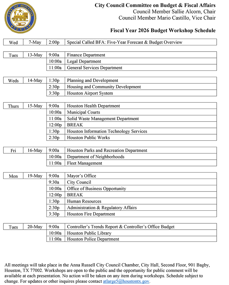 Budget Workshops Calendar and Times